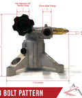 AR 2600 Psi Power Pressure Washer Water Pump Replacement Fits Troy-Bilt 020240 020240-0 Seven-Eighths Inch Shaft Three-Bolt Pattern 2.2 GPM 140 Degree Max Temperature showing three-bolt design and measurements