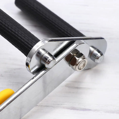 Close-up of Heavy Duty Gypsum Board Lifter With Widened Alloy Base and Adjustable Angle Design features black rubber grips.