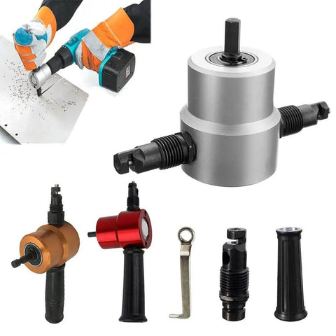 Dual Head Sheet Metal Nibbler Cutter with handle and wrench, 360 degree adjustable, three color options, shown with accessories