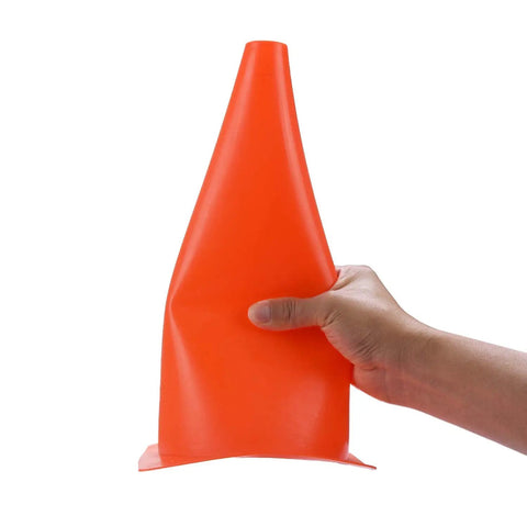 Hand holding a 12 Inch Traffic Training Sports Cone from 10 Pack or 24 Pack, made of orange LDPE for drills and boundaries.