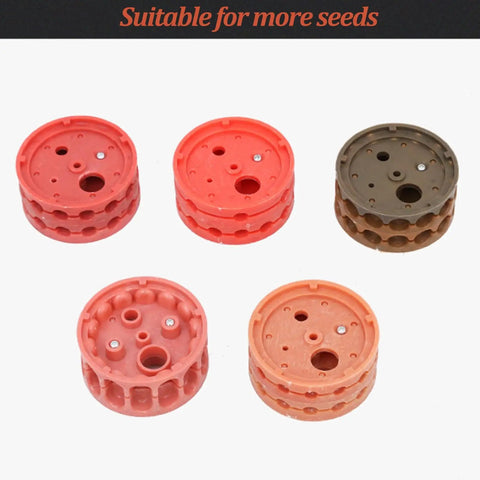 Various seed discs for Manual Garden Seeder With Large 16L Seed Capacity, No-Fuss Hand Push Roller Planter, different sizes.