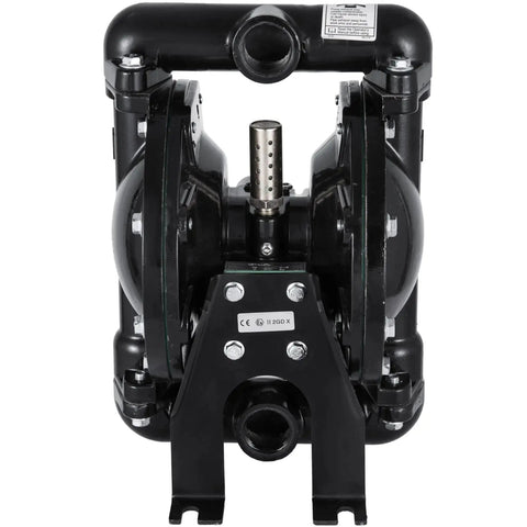 Heavy Duty Air Operated Double Diaphragm Pump With One Inch Inlet And Outlet Aluminum Body And Durable Nitrile Diaphragms Built Like A Tank Delivering Up To Thirty Five Gallons Per Minute At One Twenty Psi For No Sweat Operation On Site, front view.