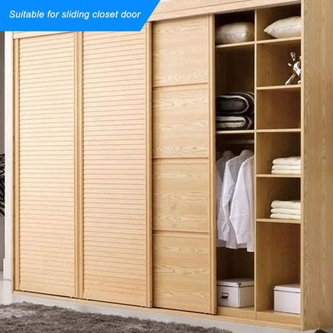 Wooden closet with sliding doors, showcasing organized shelves and hanging clothes, suitable for Stainless Steel Door Magnet Cabinet Catch.