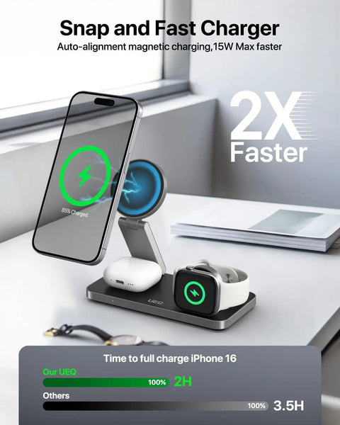 Foldable 3 In 1 Magnetic Wireless Charging Station For Apple MagSafe Charger Stand with iPhone, AirPods, Apple Watch charging