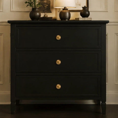 Antique Brass Cabinet Knobs Set of 10 with Single Hole Design on black dresser, Zinc Alloy Drawer Pulls for Cabinets