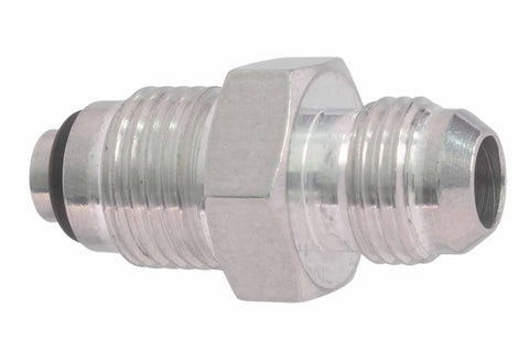 Universal Power Steering Pump Fitting Kit With Rack And Pinion Adapter Set For LS Swap Projects, silver AN hose connector close-up.