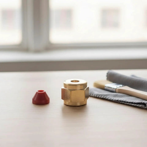 Heavy Duty Simhoa Stage Fog Machine Nozzle Replacement Fitting With Brass Hex Body Threaded Connector And Cap For Epic Nightclubs And Party Event Setups on a wood surface with tools.