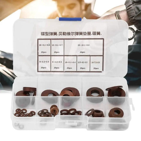 Beefy Eight Types Belleville Compression Spring Disc Washer Gasket Kit Tailored Heavy Duty Short Stroke Easy Mix And Match Combo For Variable Stiffness High Performance Saving Big Bucks On Quick Repairs Keeping Costs Low For Hard Jobs Done Daily, 160 pcs steel washer kit in plastic case