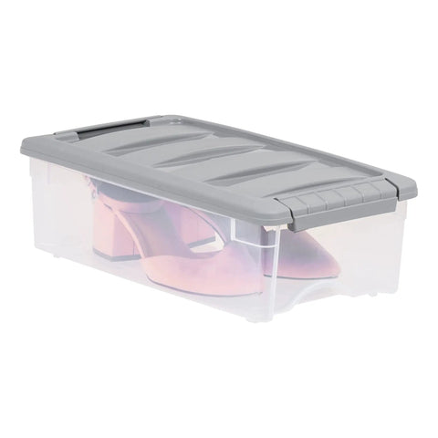 Top Shelf Stackable Storage Containers With Secure Snap Tight Lids Perfect For No Fuss Kitchen Organization And Dry Goods Keeping Clear Plastic Bins Five Quarts Size Set Of Ten holding pink heels in a clear plastic bin with gray lid.