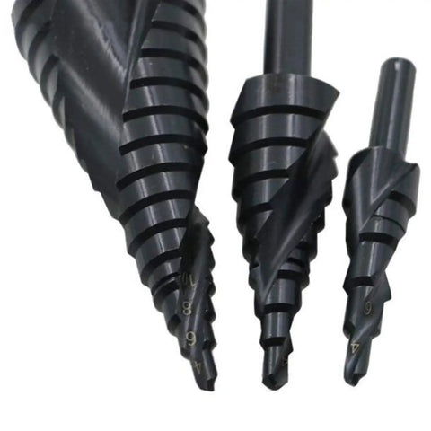 Top Tier 3 Piece Step Drill Bit Set Made From HSS With Titanium Nitride Coated For Fast Cutting Smooth Holes In Metal Sheet And Steel Using Triangular Shank, 3 bits