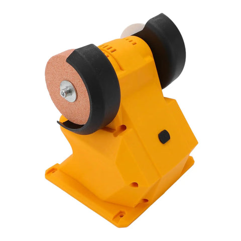 Kickass Cordless Bench Grinder With Dual Grinding Wheels And Blazing 5500 Rpm Spin side view of yellow bench grinder with dual wheels.