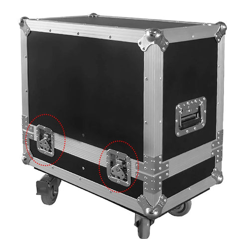 Eight Pack Recessed Butterfly Twist Latches For Flight And Road Gear Cases on a heavy duty black storage trunk.