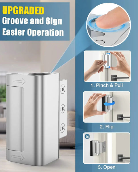 Kick Resistant Front Door Reinforcement Lock Holds Eight Hundred Pounds Tough As Nails showing easy operation steps with steel lock design.