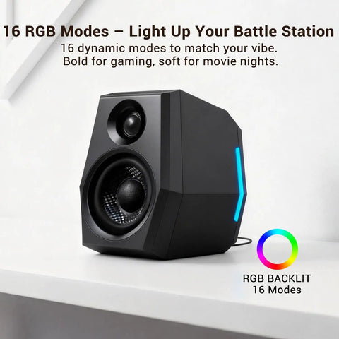 Immersive Gaming Speakers With DSP And 36W Power 24bit USB DAC Bluetooth 5.2 2.0 RGB Desktop PC Speakers on a desk.