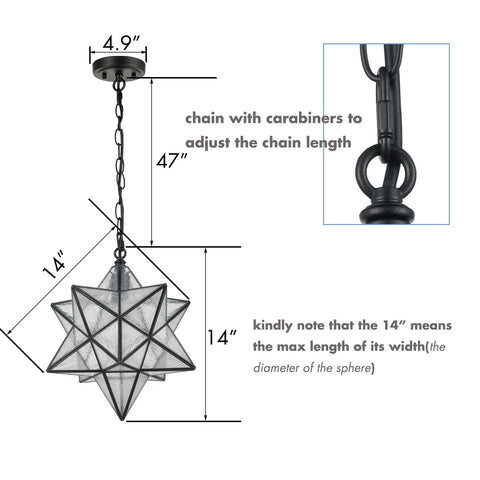 14 Inch Star Pendant Light With Seeded Glass Shade, Adjustable Hanging Chain, Dimmable Ceiling Fixture dimensions and chain detail