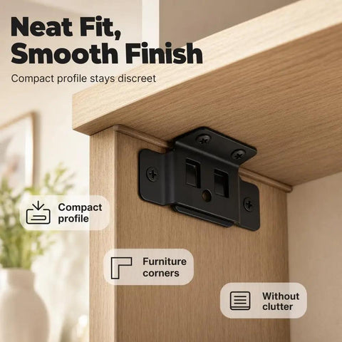 Black corner bracket attached to wooden furniture with text highlights, "Neat Fit, Smooth Finish"