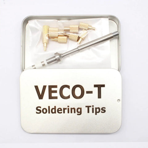 Heat Set Insert Tool With Brass Threaded Inserts In M2 M2.5 M3 M4 M5 M6 M8 Sizes TS100 TS101 Compatible For 3D Printing And DIY Electronics Projects For Hobbyists And Pros, includes soldering tips and brass inserts in a tin case.