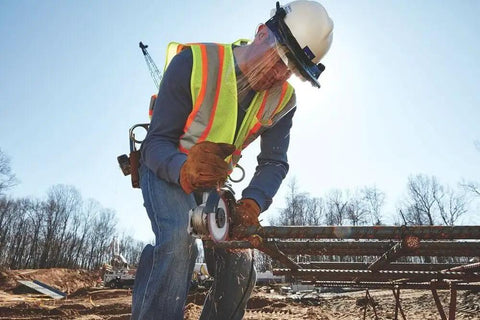 Worker using Metalmax 4 Inch Segmented Rim Diamond Cutting Wheel for Metal Dry Use Up to 15,200 RPM on rebar outdoors