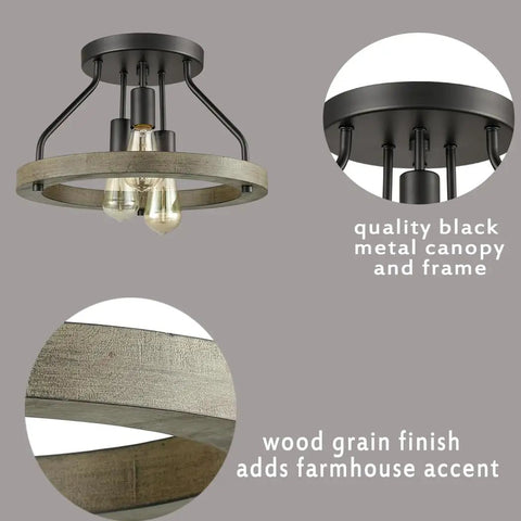 Farmhouse Flush Mount Ceiling Light With Metal And Wood Open Frame, 3-light, black metal canopy, wood grain finish detail