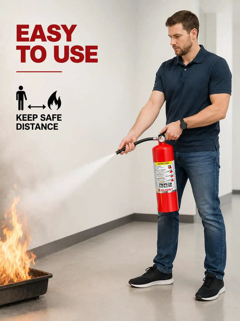 Hella Reliable ABC Dry Chemical Fire Extinguisher 5 Pound 2A 10B C Class Rating used by man to extinguish fire safely indoors.