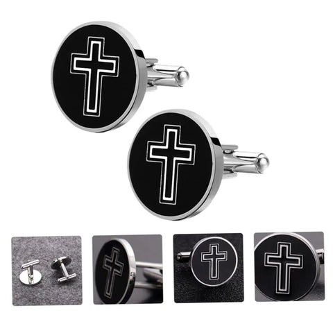 Black Cross Pattern Titanium Steel Cufflinks For Men, polished button style showcasing cross design in a set of two cufflinks.