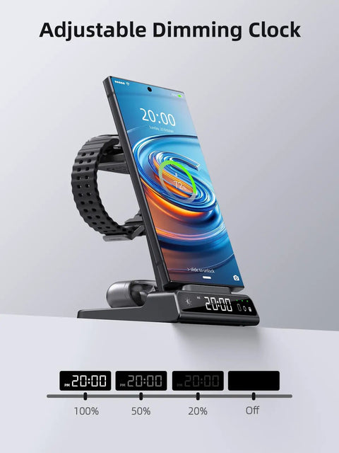 All In One 3 In 1 Wireless Charging Stand With Dimmable Clock And Nightstand Organizer for Galaxy Phones, Watches, and Buds