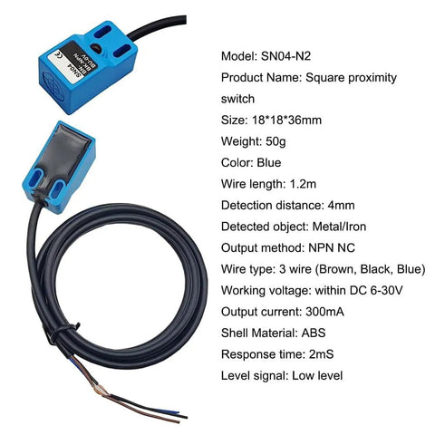 Inductive Proximity Sensor SN04 N2 NPN NC Normally Closed Switch With 4mm Range, blue sensor with specifications listed, 4 pack for automation.