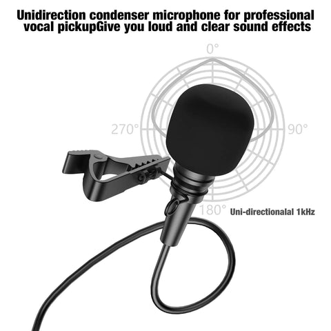 Pro Unidirectional Cardioid Lavalier Microphone For Interviews, Stage And Studio Use, close-up of clip-on lapel mic with foam head