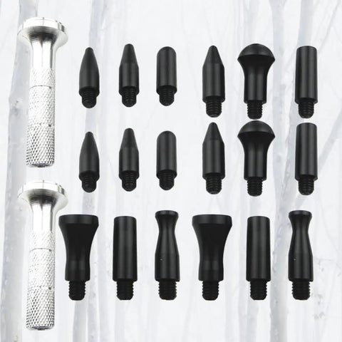 Premium Two Piece Auto Body Dent Repair Kit With Slick Dent Remover Pen And Drop In Heads showing silver pen and various black replaceable heads.