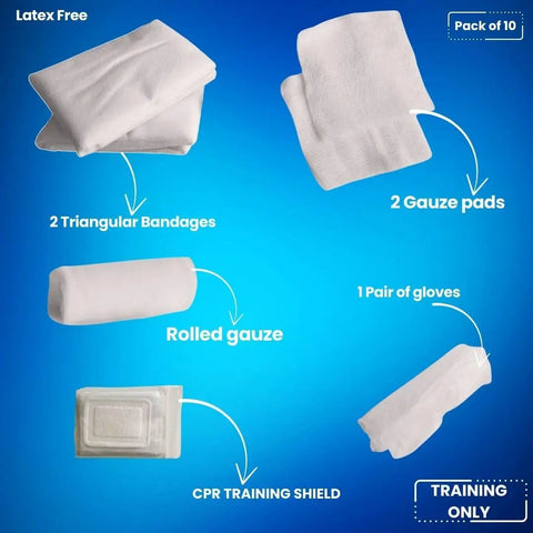 Student CPR And First Aid Training Kit Pack Of 10 with two nonwoven triangular bandages, gauze pads, gloves, CPR training shield, rolled gauze, latex free, one time use, perfect for classroom practice