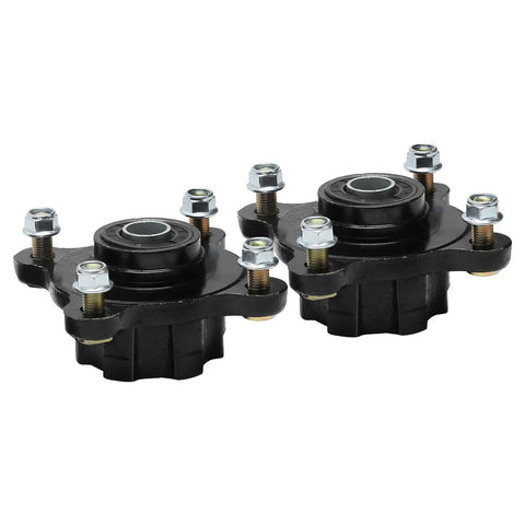 Pair Of Front Wheel Hubs Featuring Bulletproof 17Mm Bearings 4Lug 4X110 Bolt Pattern Rock Solid For Seven To Ten Inch Wheels On Atvs And Buggies, showing sealed black metal hubs with bolts.