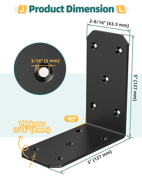 Heavy Duty Corner L Brackets 5 X 5 X 2.5 Inches Steel 90 Degree Corner Braces with dimensions for installation guide