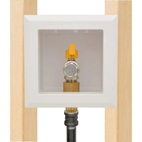 Premium White Gas Outlet Box With Three Quarter Inch Npt Threads And Recessed Shell featuring a swift quarter turn shut off valve.