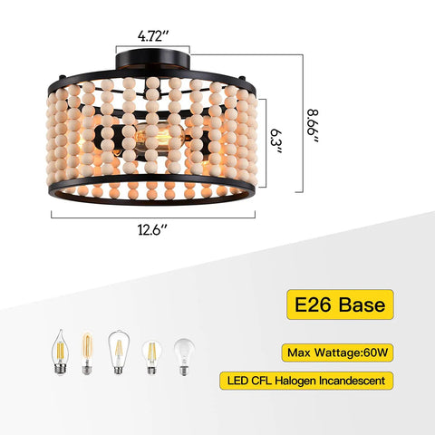 Boho Wood Beaded Chandelier With Three Lights In Black Semi Flush Mount Ceiling Light For Dining Room Kitchen Hallway Bedroom And Living Room Adds Warm Ambience And Rustic Charm For A Cozy Boho Vibe, showing dimensions and E26 base