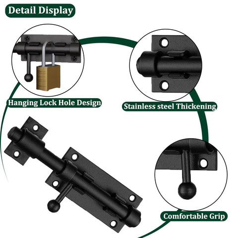 No Sweat Security With These Heavy Duty Black Stainless Steel Slide Bolts And Barrel Locks Perfect For Gates Barn Doors And Porch Entrances Features Built Tough As Nails Construction Includes Two Pack: Detail display showing hanging lock hole design and stainless steel thickening.