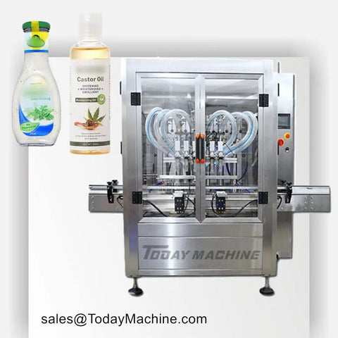 Fully Automatic Liquid Filling Capping And Labeling Machine For Honey Juice Oil Bottles in stainless steel with bottles of salad dressing and castor oil.