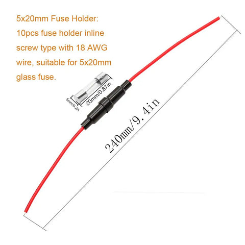 Inline Fuse Holder Kit With Ten 18 AWG Screw Type Fuse Holders And One Hundred Fifty Quick Blow 250V Fuses In Multiple Ratings