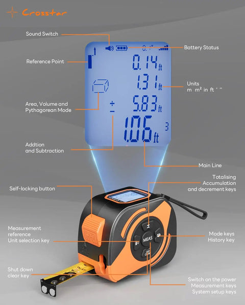 Built Tough 2 In 1 Laser Tape Measure With 197 Foot Range And Bright Green Beam Paired With A Spiffy 16 Foot Dual Sided Manual Tape featuring digital display and measurement features.