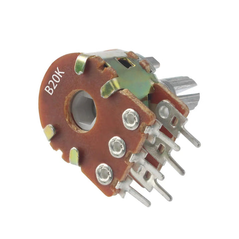 Close-up of 20K dual linear potentiometer 6-pin, part of Five Pack 20K Dual Linear Potentiometers With 6 Pin 15mm Shaft For Audio Volume Control Light Dimming