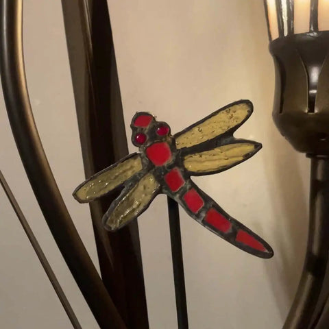 Close-up of dragonfly design on Lily Flowers And Dragonfly Tiffany Style Stained Glass Table Lamp 19 Inch Tall Handcrafted Accent Lighting