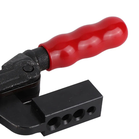 Heavy Duty Toggle Clamp With 250kg Clamping Force Built From High Carbon Steel For Rock Solid Latching And Ultimate Workhorse Power On Your DIY Shop Table Or Garage Assembly Line. red handle clamp close-up
