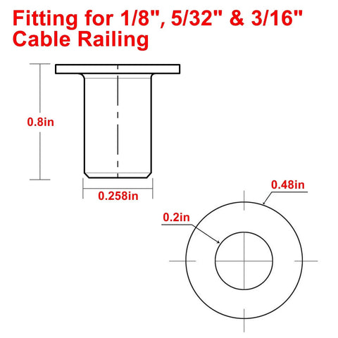 Diagram showing dimensions of stainless steel protector sleeves for deck cable railing fits 1/8, 5/32, 3/16 inch cable.