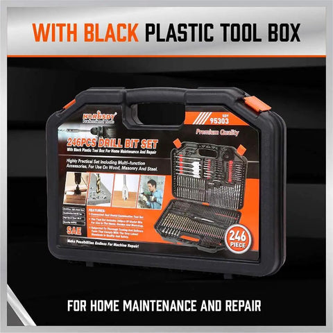 Premium 246 Piece Drill Bit Set for Wood Metal Concrete with Screw Driving Kit in Organized Carrying Case Built Tough Bits
