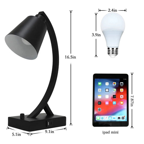 Dimmable Black Desk Lamp With USB A And USB C Ports Built In AC Outlet Rotary Dimmer Switch Bedside Nightstand Light size comparison