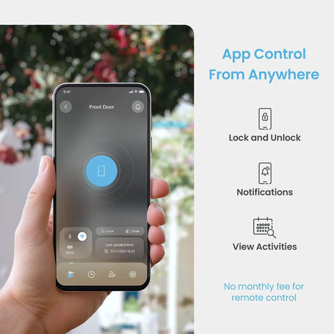 Person holding smartphone showing app interface for WiFi Hub For Smart Locks With Remote Access Real Time Notifications And Voice Control Manage Your Door Lock From Anywhere With Easy Setup No Fuss Stable Home Network And Real Time Push Alerts For Peace Of Mind, in a garden setting.