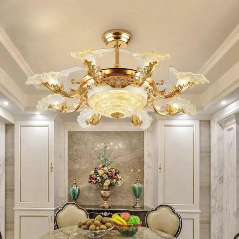Luxury European Ceiling Fan Light With Remote Control And Invisible Blade Fan Chandelier In Trace Gold Finish Boasting 8 E27 Bulbs And 42 Inch Size For Epic Vibe above a dining table in an elegant room.