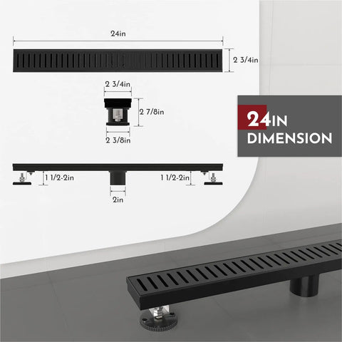 Diagram and photo of 24 Inch Linear Shower Drain With Capsule Pattern Cover Grate, in matte black SUS304 stainless steel.
