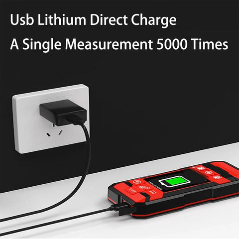 Multi Wall Scanner Stud Finder, Distance Meter Angle Gauge charging via USB with black adapter against a dark wall.