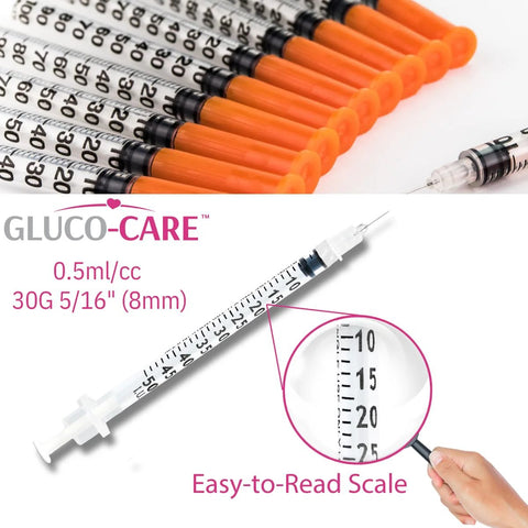 GLUCO-CARE 0.5 ml syringes, 30G x 5/16 in (8 mm), orange plungers, 100/box with easy-to-read scale