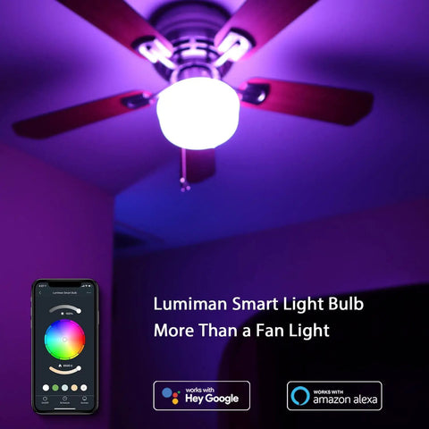 Ceiling fan illuminated by Candelabra E12 Smart Bulbs 5W 400lm LED RGB Color Changing, app control displayed on smartphone.